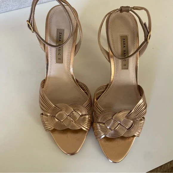 Zara Rose Gold Knot Braided Heels with Ankle Strap - Picture 4 of 11